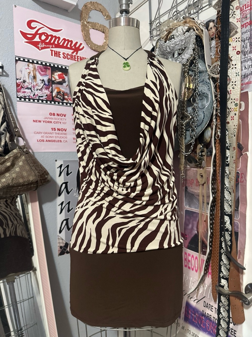 2000s Y2K Vogue by Tips USA Brown and Cream Zebra Halter Dress Size M